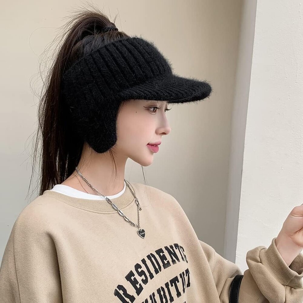 Open Beanie with Earflaps Visor Winter Hat Women Golf Tennis Cozy Knit - Picture 2 of 4